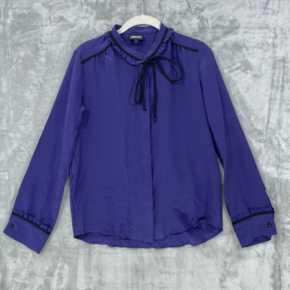 Just Cavalli Italy Size 40 /S Purple 100% Silk Ruffle Collar‎ Long Sleeve Blouse